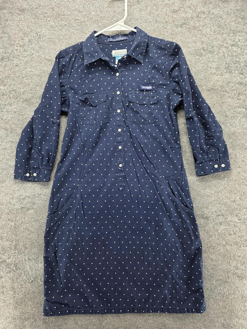 Columbia Super Bonehead Dress Womens XS Blue Shirt Dress Knee Length Polka Dot